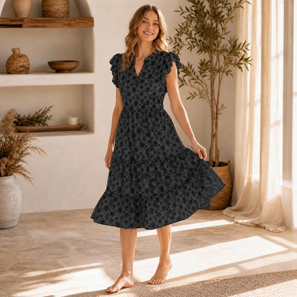 Witchy Floral Midi Dress, Black Flutter Sleeve, Dark Cottage Garden V Neck