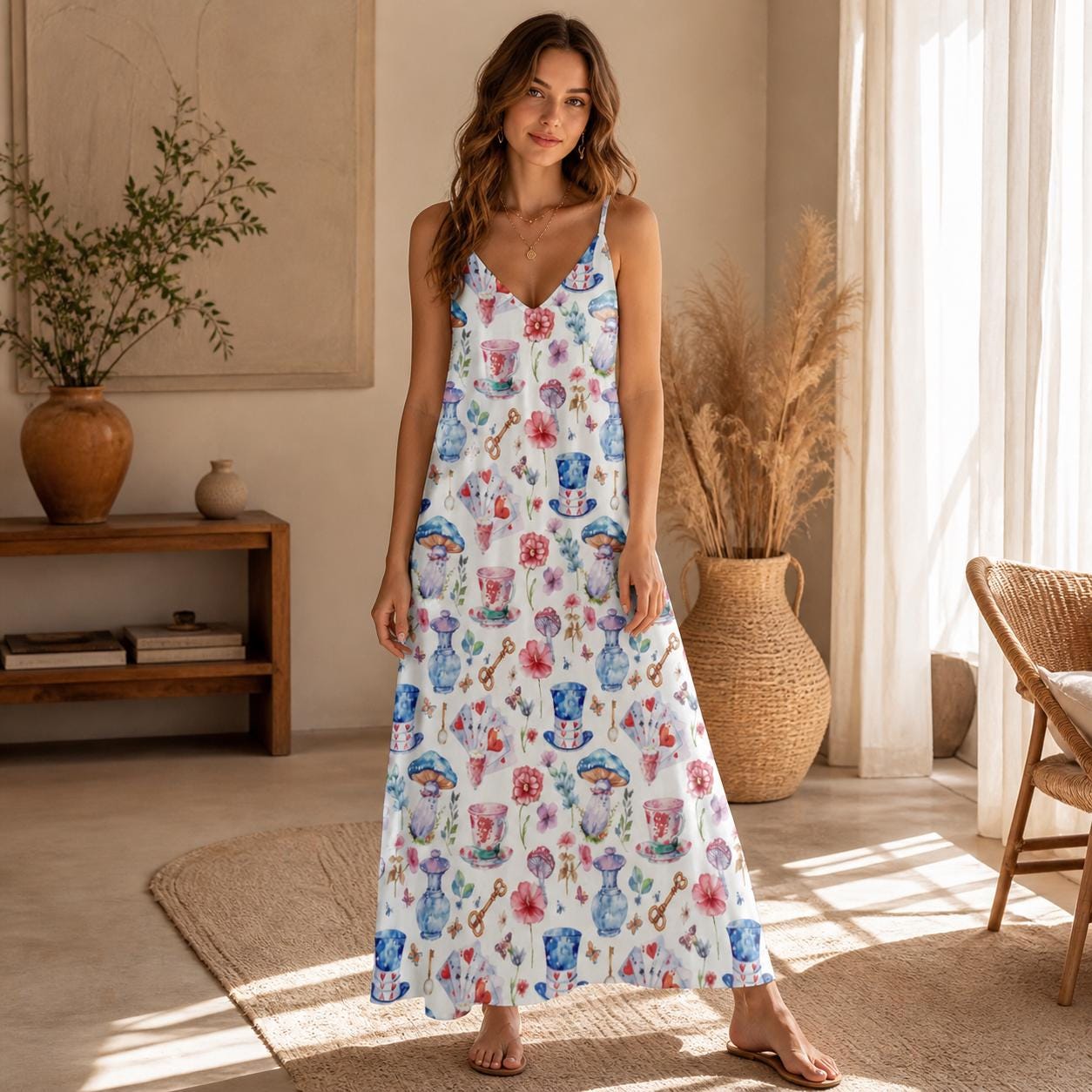 Tea Cup Print Sundress, White Strappy Maxi Dress, Cottagecore Tea Party Dress for Garden Showers Vacation and Whimsical Gifting
