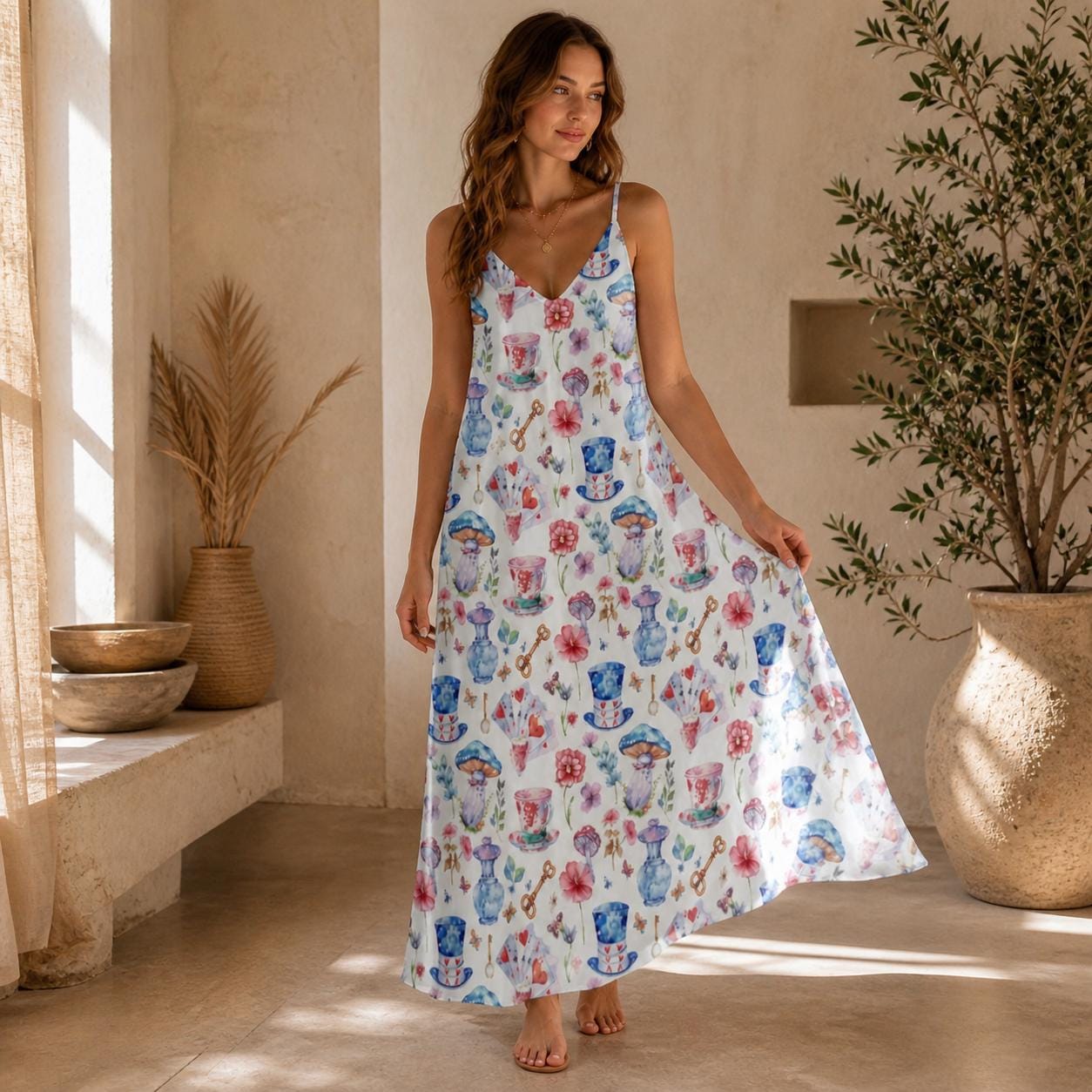 Tea Cup Print Sundress, White Strappy Maxi Dress, Cottagecore Tea Party Dress for Garden Showers Vacation and Whimsical Gifting