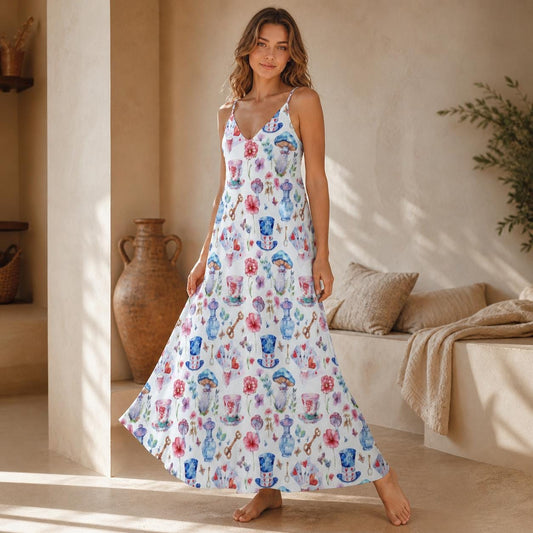 Tea Cup Print Sundress, White Strappy Maxi Dress, Cottagecore Tea Party Dress for Garden Showers Vacation and Whimsical Gifting