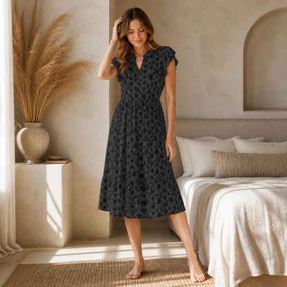 Witchy Floral Midi Dress, Black Flutter Sleeve, Dark Cottage Garden V Neck