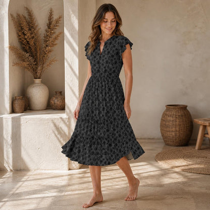 Witchy Floral Midi Dress, Black Flutter Sleeve, Dark Cottage Garden V Neck