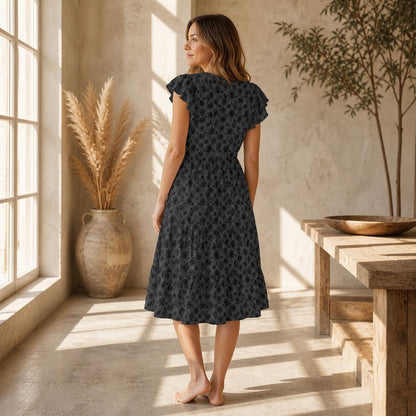 Witchy Floral Midi Dress, Black Flutter Sleeve, Dark Cottage Garden V Neck