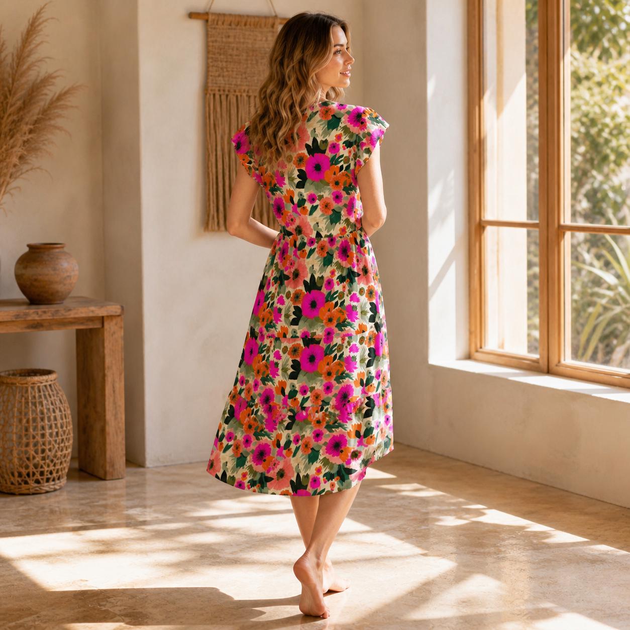 Colorful Floral V-Neck Fit and Flare Dress, Cottage Garden Style, Spring Brunch Sundress