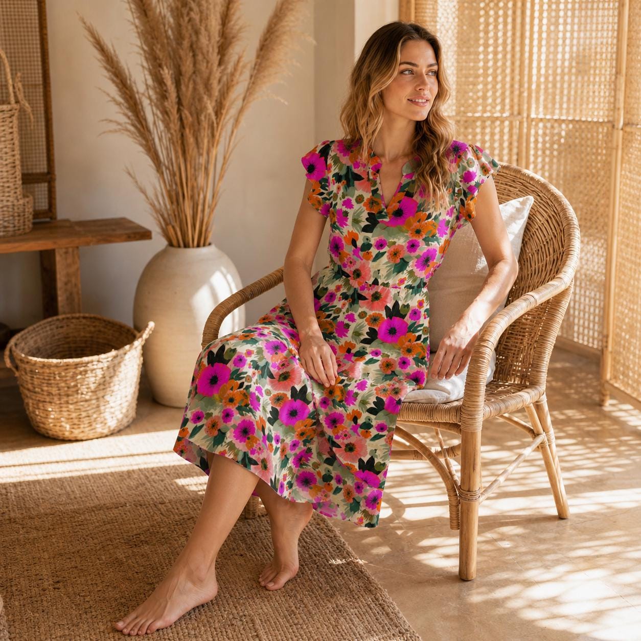 Colorful Floral V-Neck Fit and Flare Dress, Cottage Garden Style, Spring Brunch Sundress