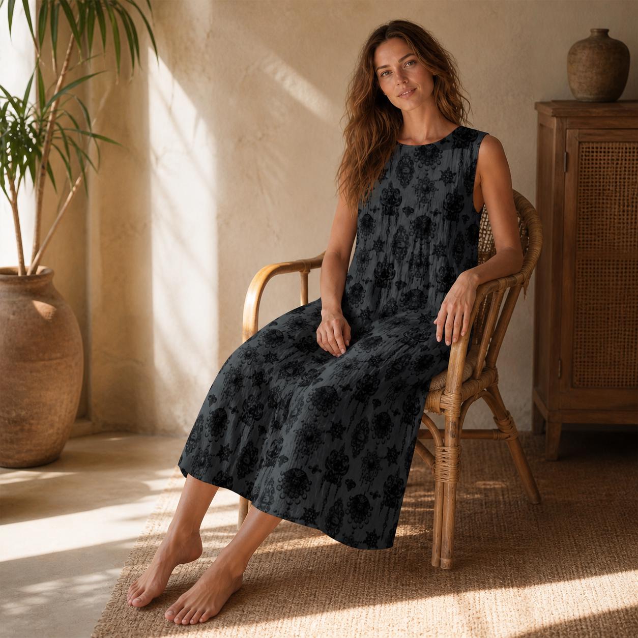 Charcoal Damask Midi Dress, Sleeveless Tiered Baroque Floral Sundress