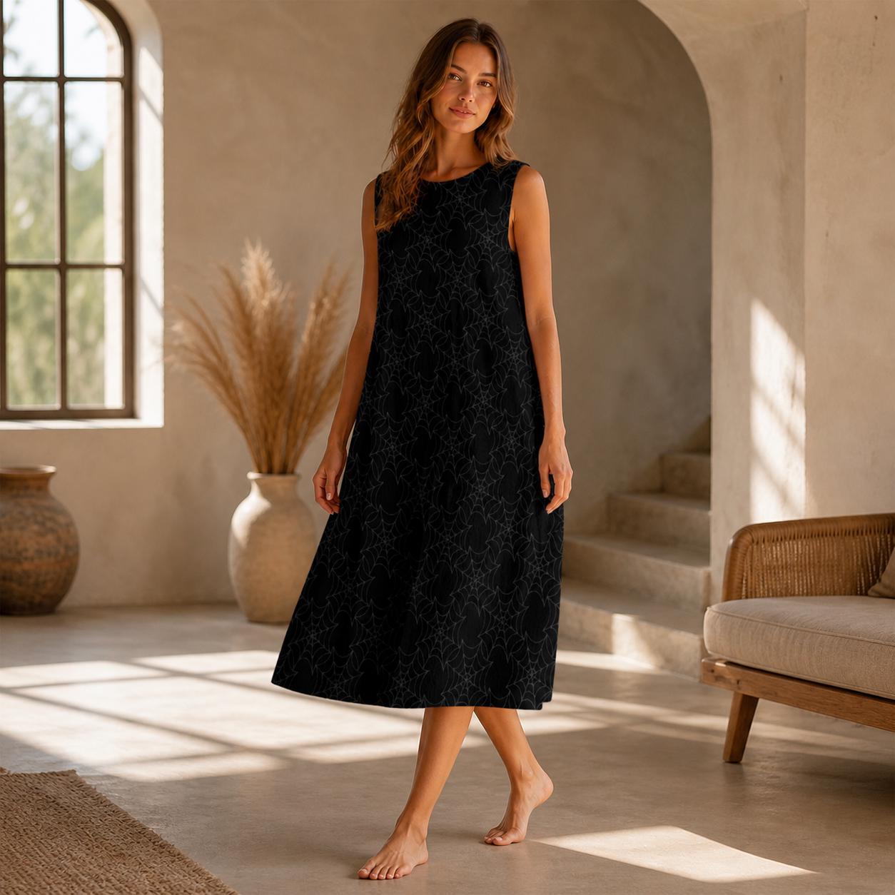 Sleeveless Spider Web Midi Dress, Dark Gothic Resort Wear