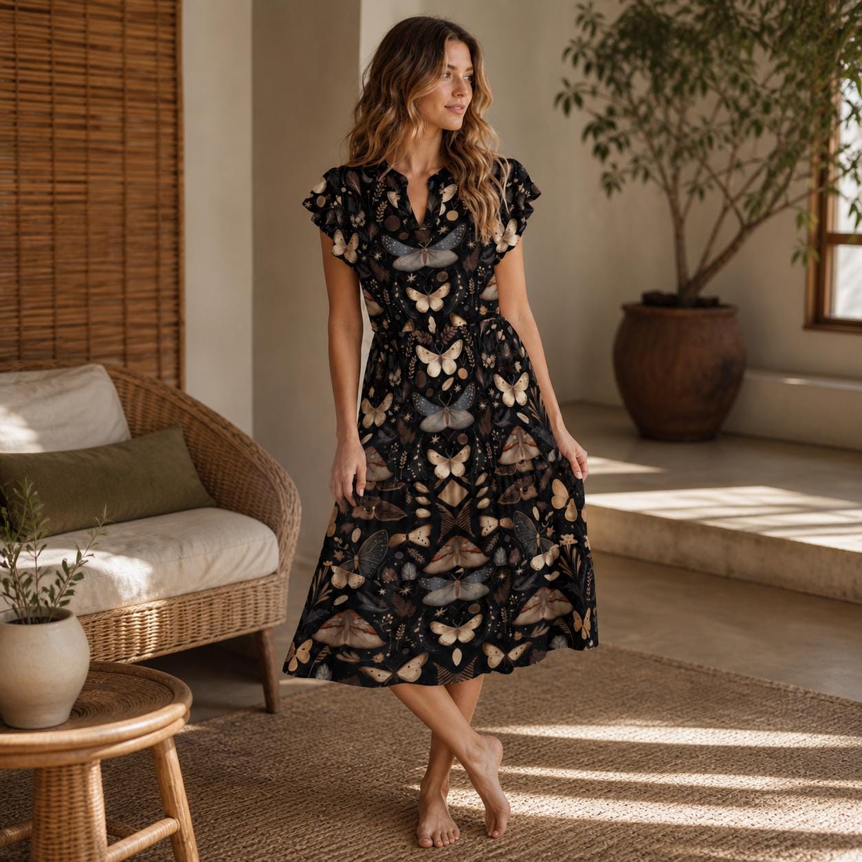 Black Moth Print Midi Dress, Flutter Sleeve V-Neck, Dark Cottagecore Style