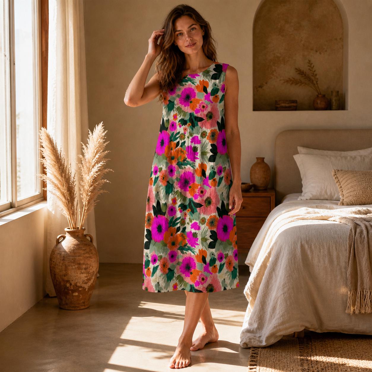 Colorful Floral Midi Sundress, Sleeveless Botanical Summer Dress, Vacation Brunch Wear