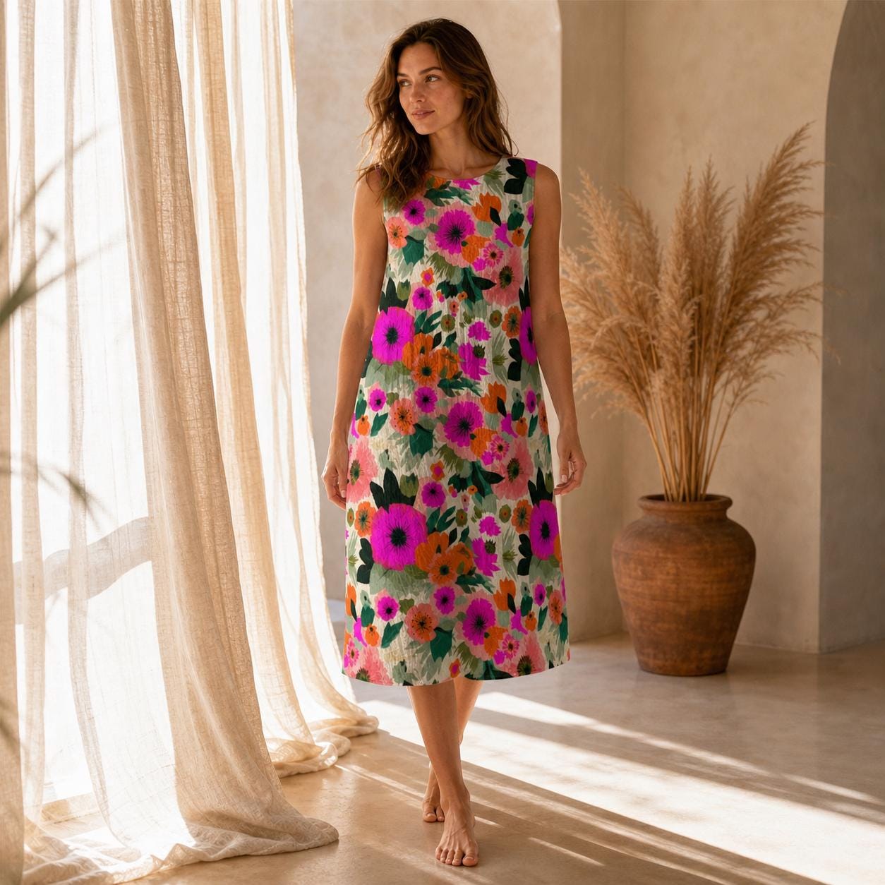 Colorful Floral Midi Sundress, Sleeveless Botanical Summer Dress, Vacation Brunch Wear