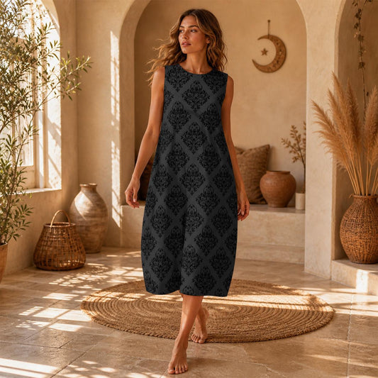 Charcoal Damask Midi Dress, Sleeveless A-Line Baroque Print, Dark Academia Goth Style