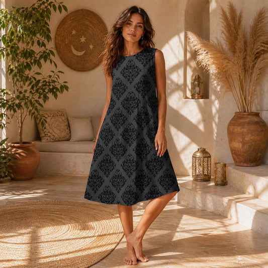 Charcoal Damask Midi Dress, Sleeveless A-Line Baroque Print, Dark Academia Goth Style