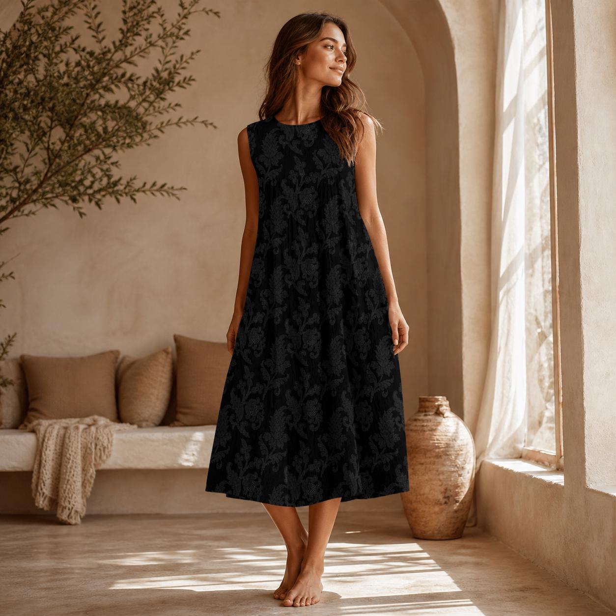 Black Floral Midi Dress, Sleeveless Dark Boho Summer Style