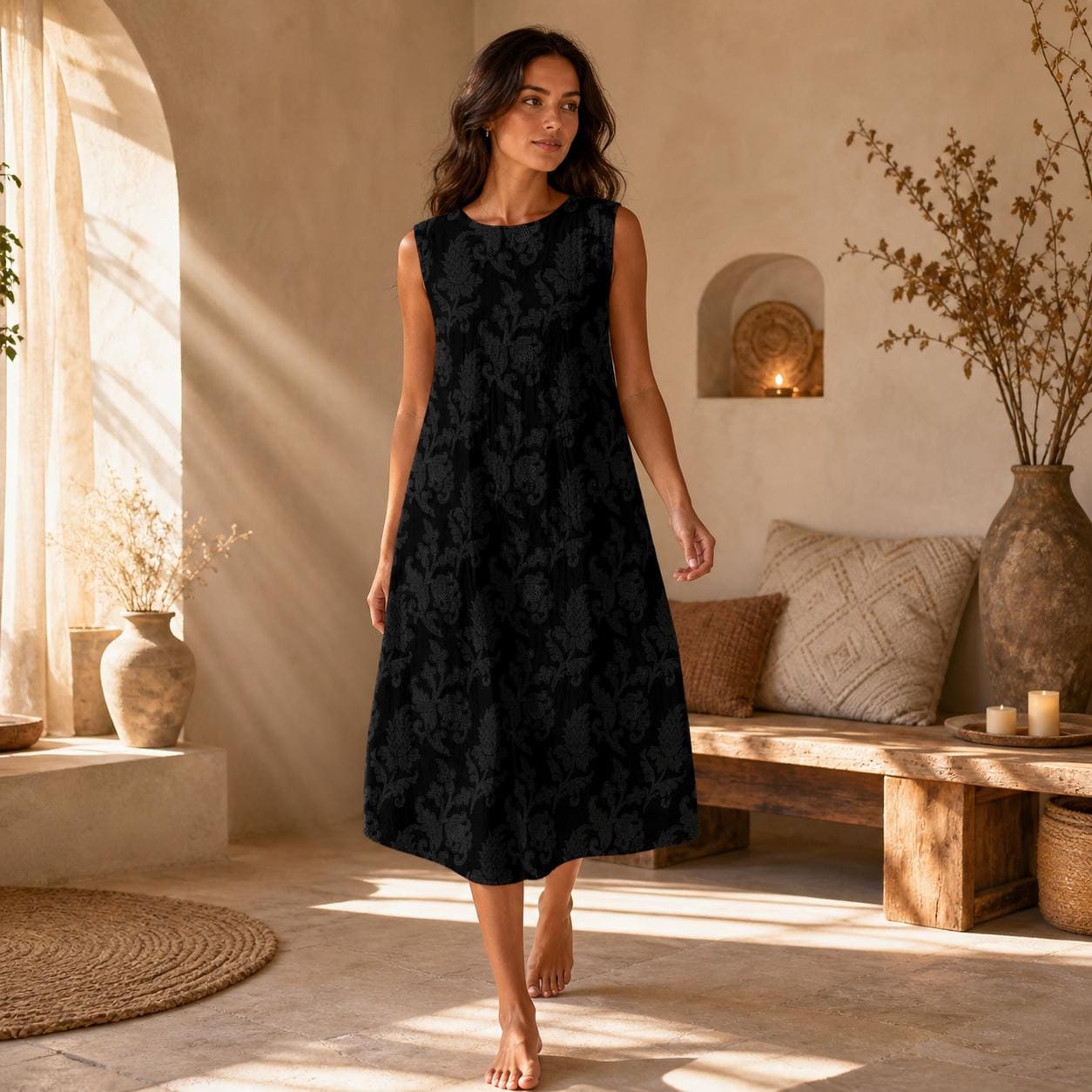 Black Floral Midi Dress, Sleeveless Dark Boho Summer Style
