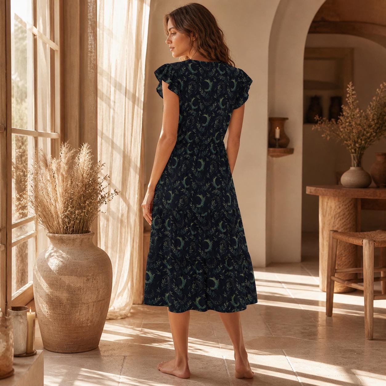 Crescent Moon Midi Dress, Celestial V Neck Flutter Sleeve Sundress, Dark Cottagecore Style