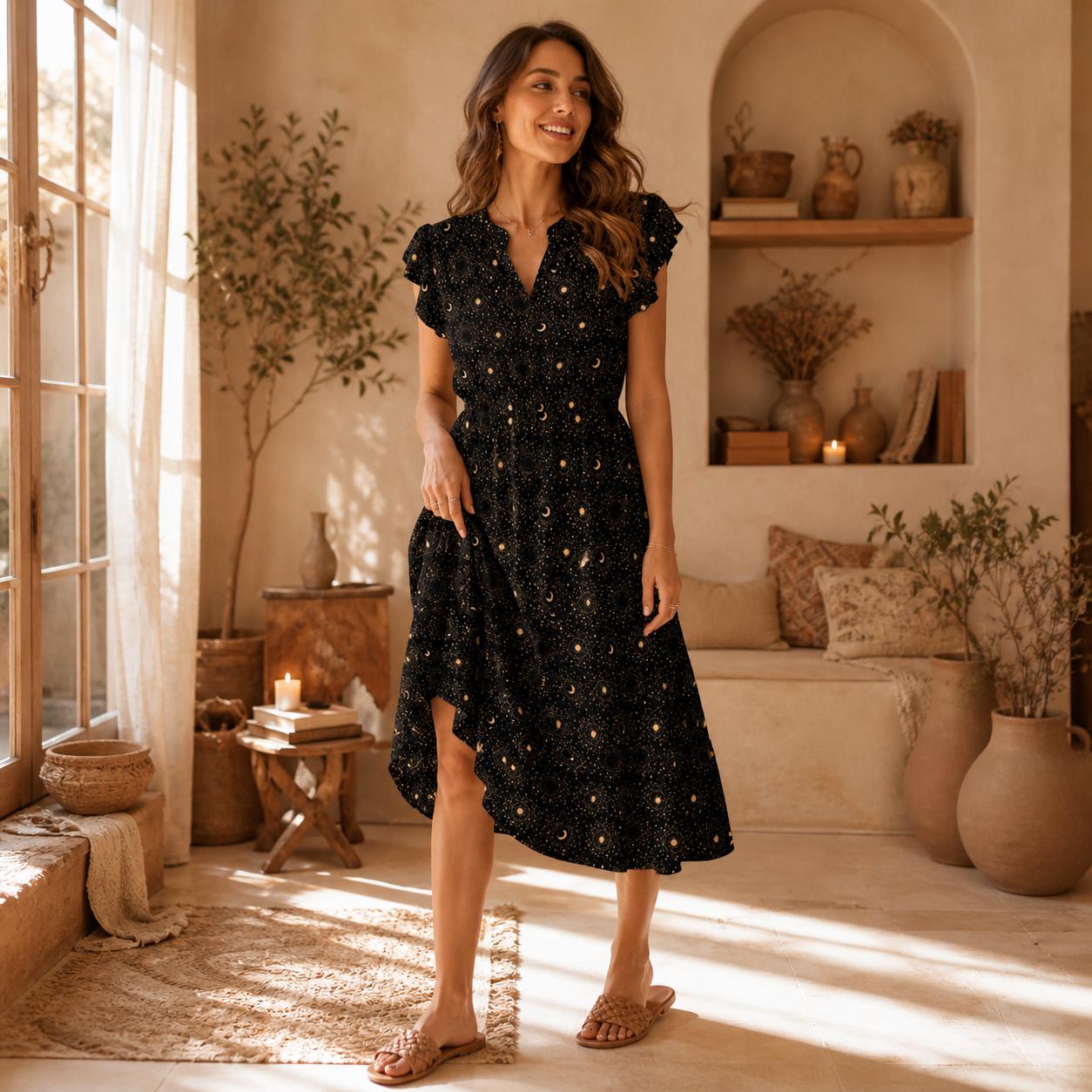 Black Celestial Midi Dress, Moon Phase Ruffle Sleeve, Cosmic Vacation Style
