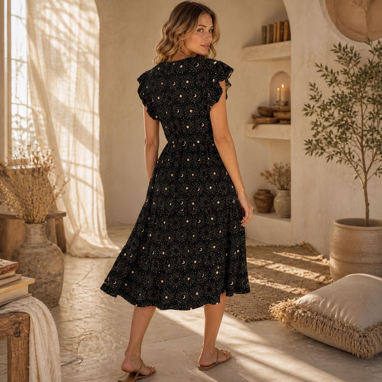 Black Celestial Midi Dress, Moon Phase Ruffle Sleeve, Cosmic Vacation Style