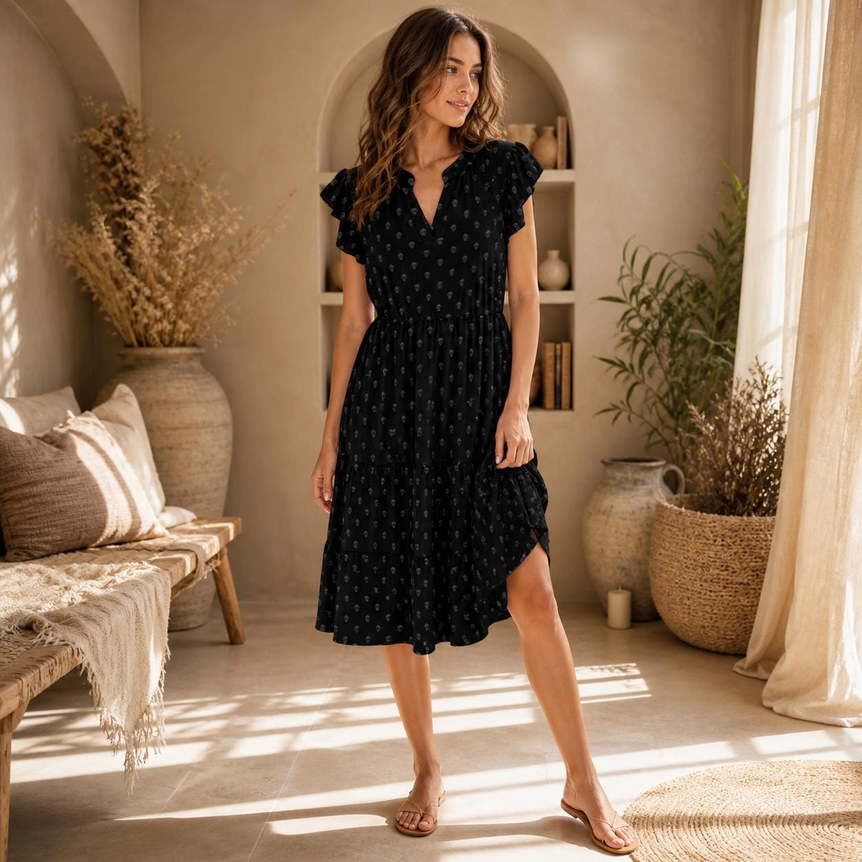 Black Ditsy Floral Midi Dress, Cottagecore Botanical Flutter Sleeve Sundress
