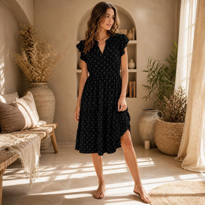 Black Ditsy Floral Midi Dress, Cottagecore Botanical Flutter Sleeve Sundress