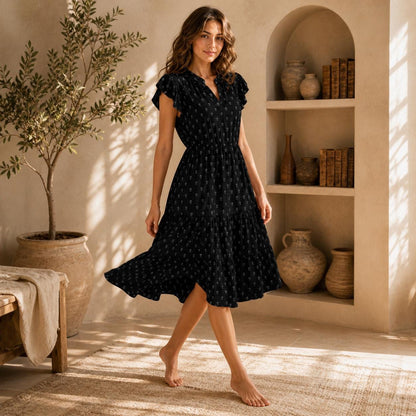 Black Ditsy Floral Midi Dress, Cottagecore Botanical Flutter Sleeve Sundress
