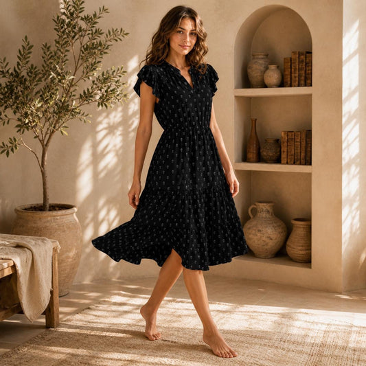 Black Ditsy Floral Midi Dress, Cottagecore Botanical Flutter Sleeve Sundress
