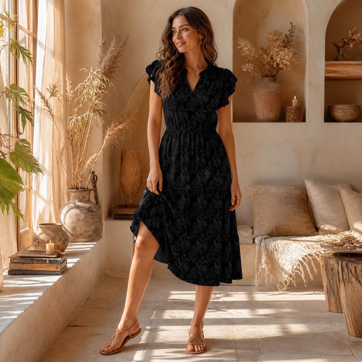 Black Floral Midi Dress, Ruffle Sleeve, Dark Cottagecore, Gothic Garden Style