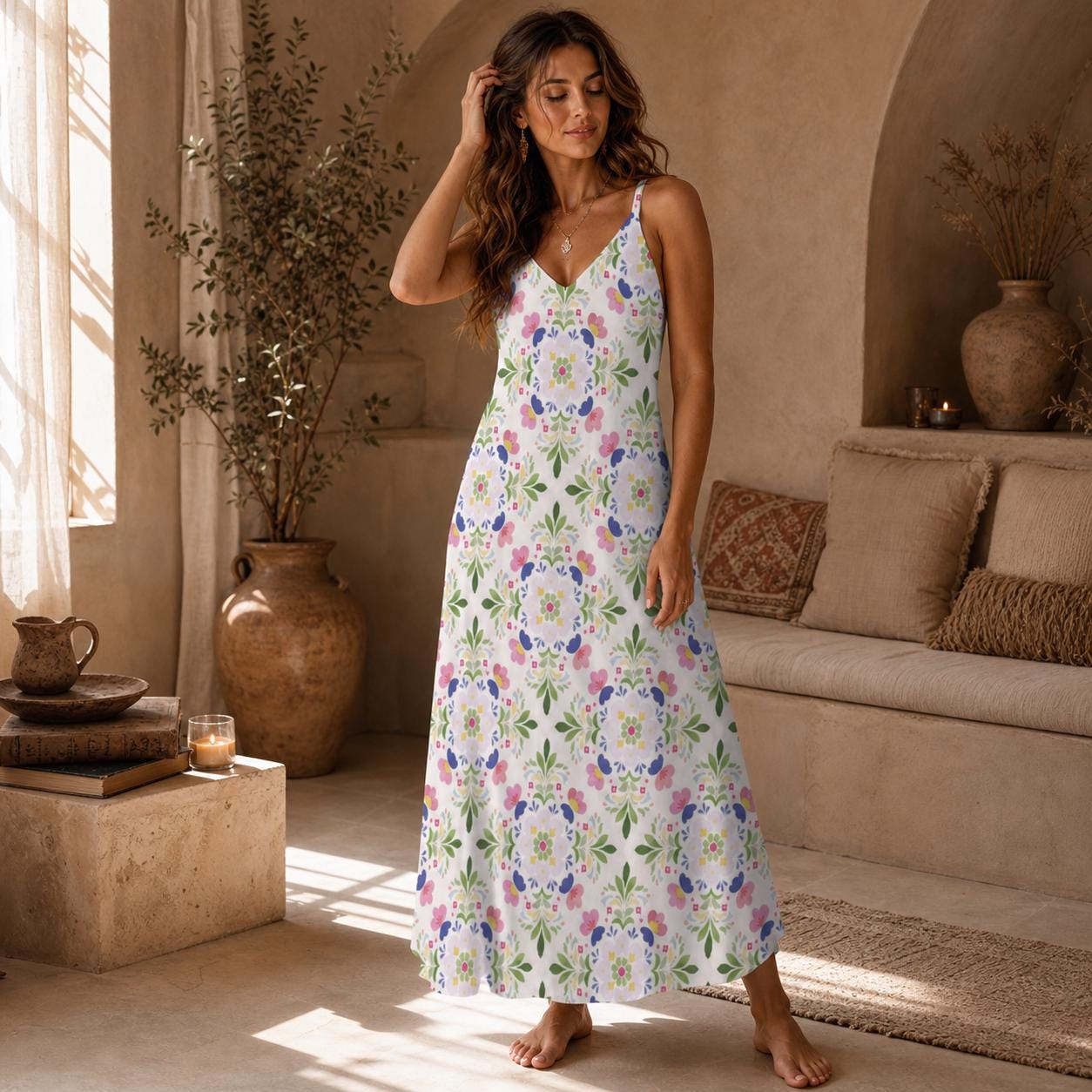 White Wildflower Floral Slip Maxi Dress, Botanical Cottagecore Beach Style