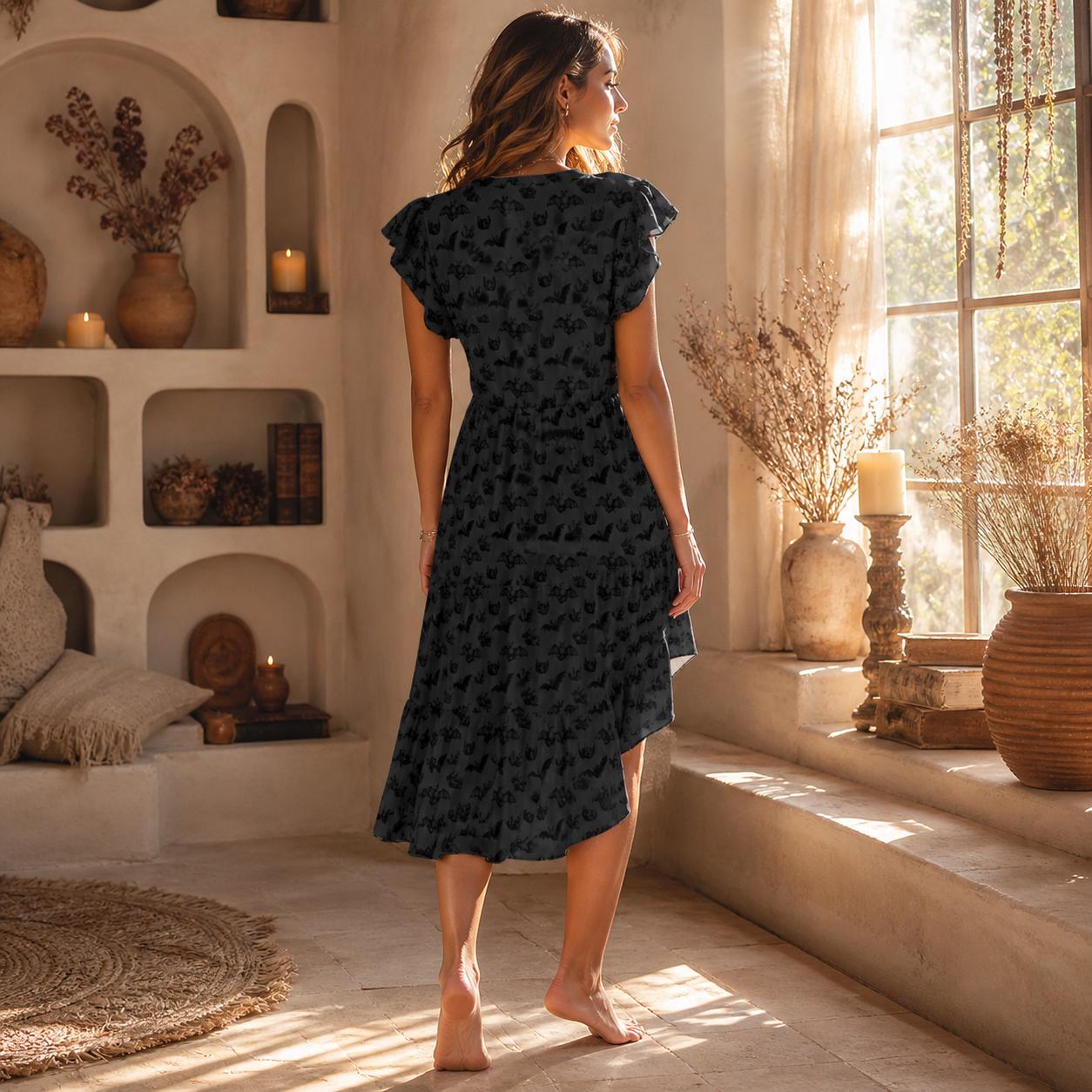 Gray Bat Print Midi Dress, Flutter Sleeve Gothic Sundress, High Low Hem