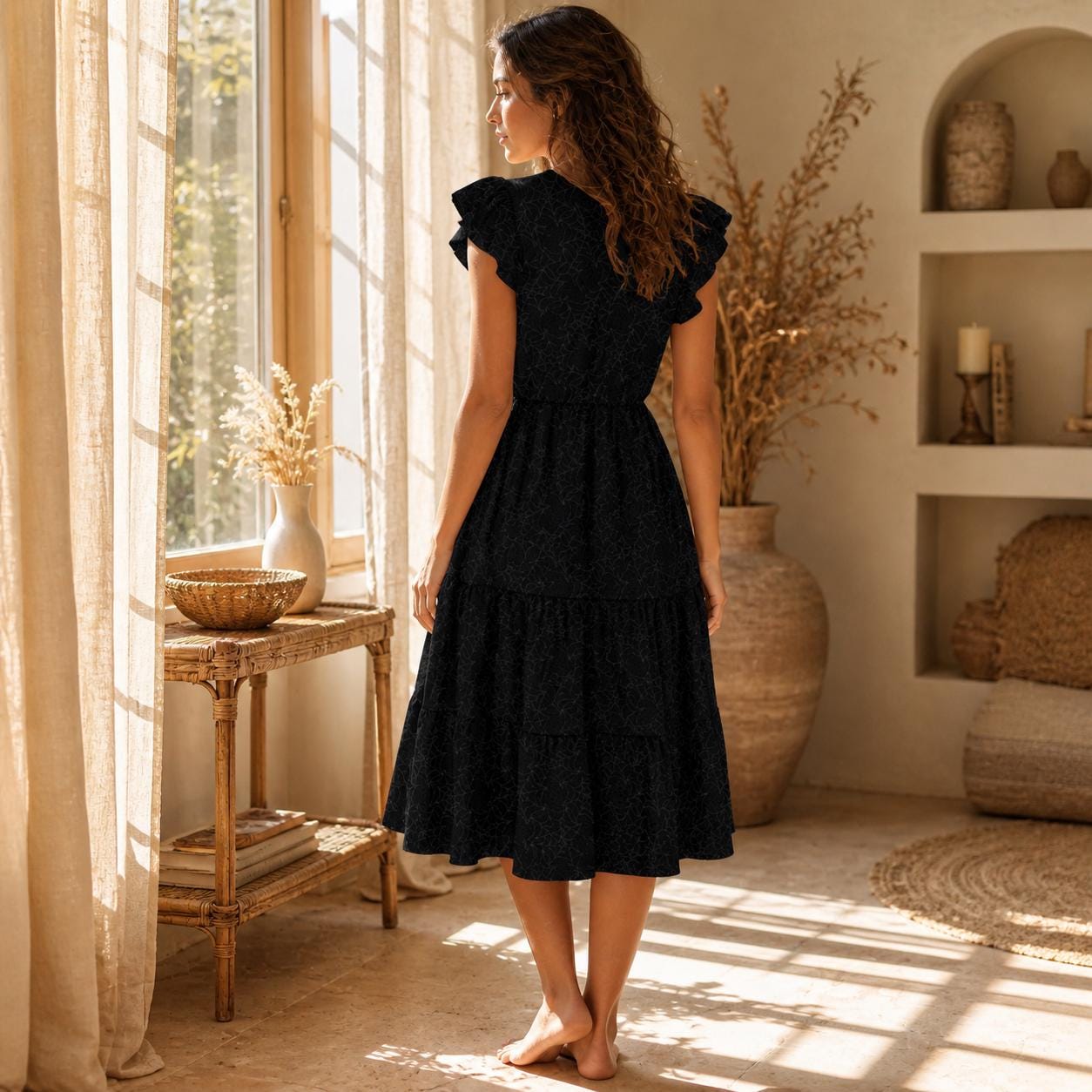 Black Spider Web Midi Dress, Gothic Sleeve Fit and Flare, Romantic V Neck Asymmetrical Hem