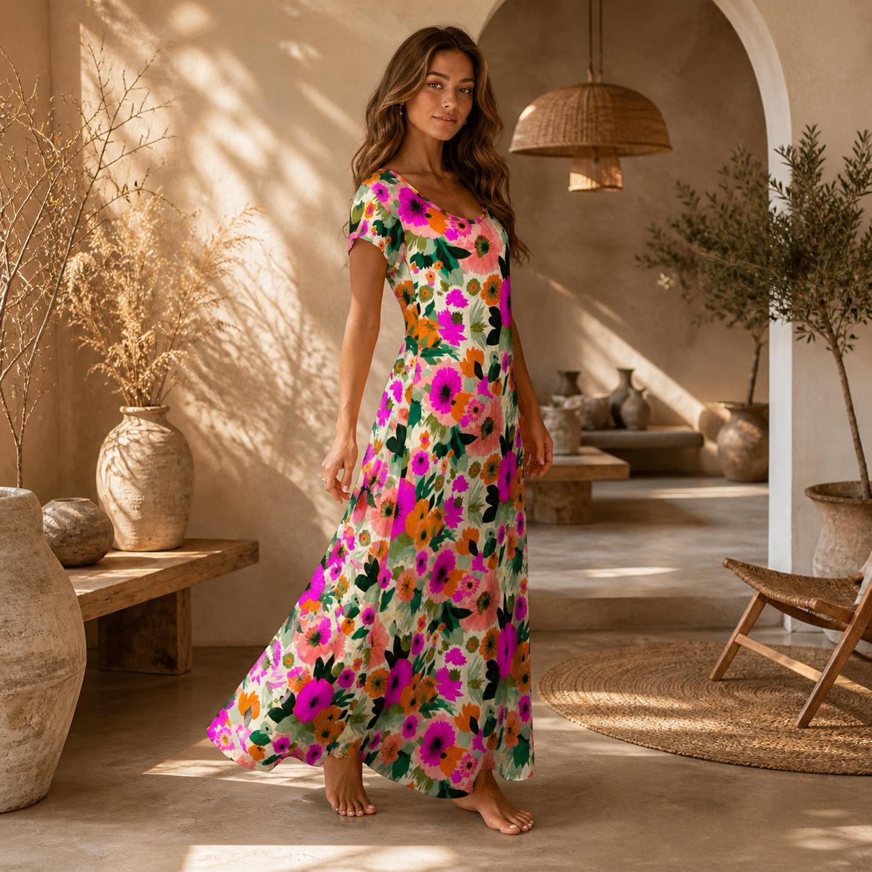 Colorful Floral Maxi Dress, Tropical Summer Vacation, Short Sleeve Side Slit