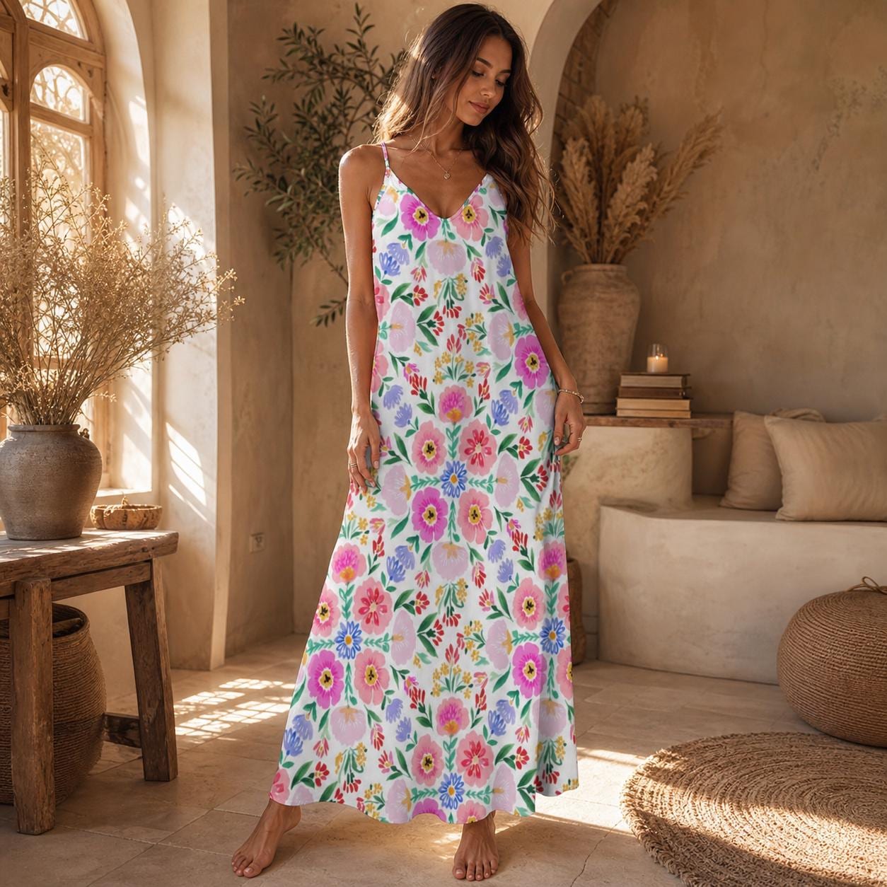 White Floral Sundress, Strappy Cottagecore Maxi Dress, Garden Print Vacation Outfit