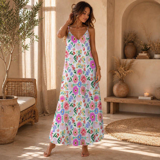 White Floral Sundress, Strappy Cottagecore Maxi Dress, Garden Print Vacation Outfit