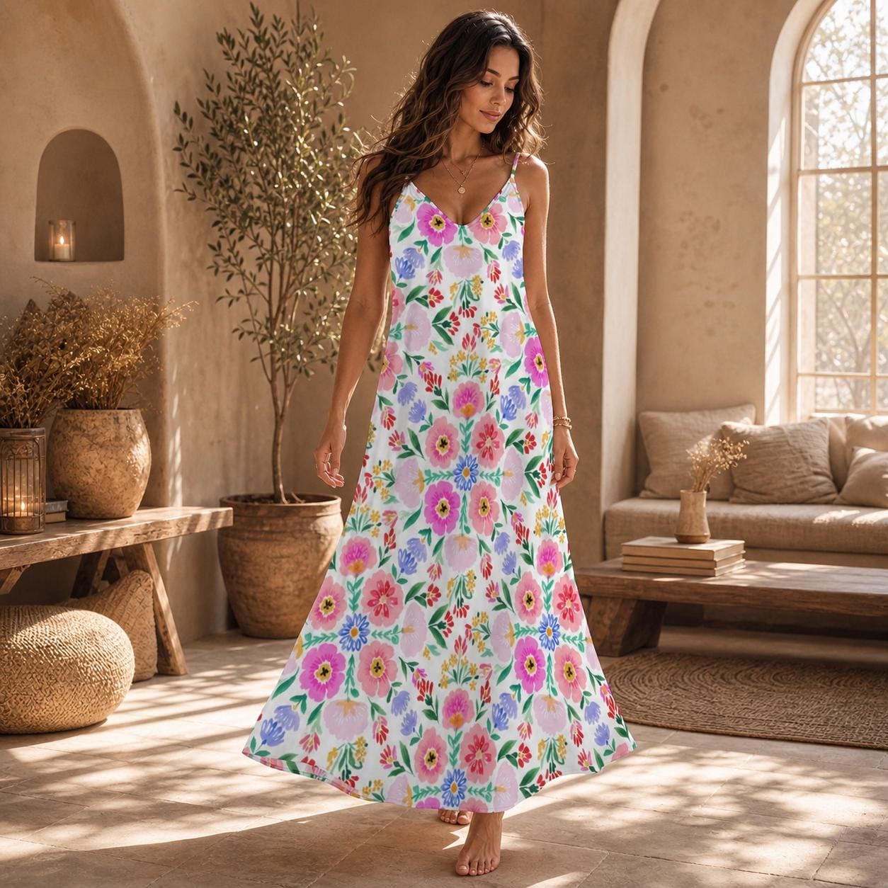 White Floral Sundress, Strappy Cottagecore Maxi Dress, Garden Print Vacation Outfit