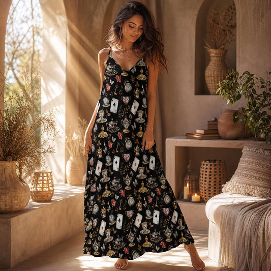 Dark Fairytale Maxi Dress, Playing Card Print, Cottagecore Sundress, Sleeveless Black Tea Party