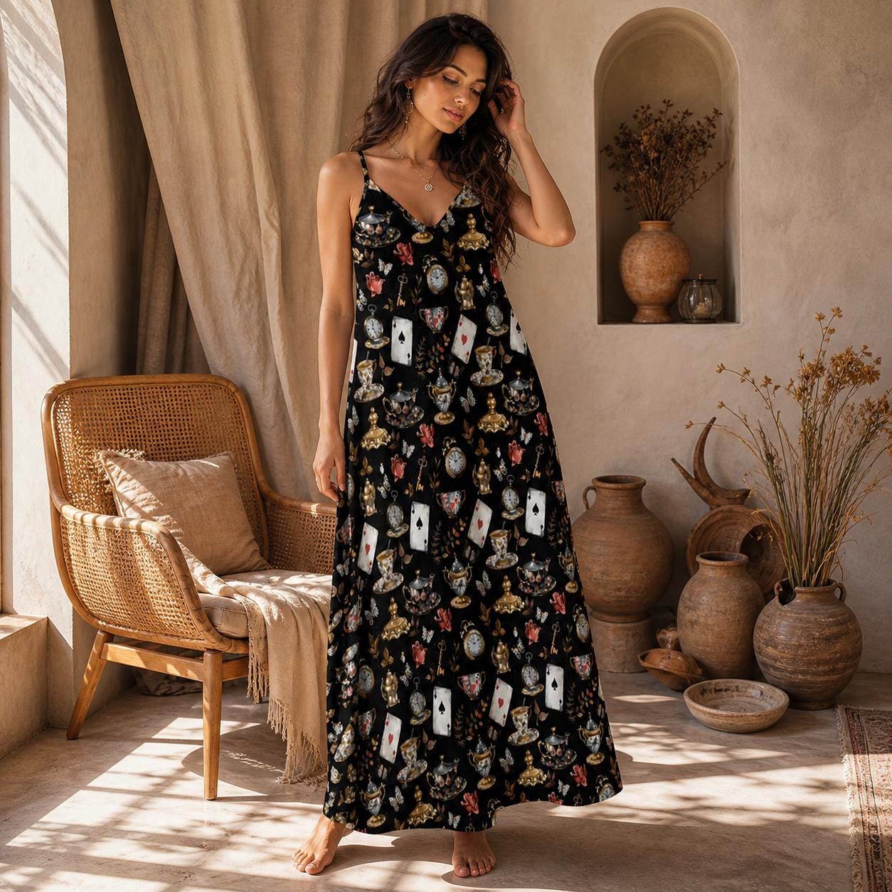 Dark Fairytale Maxi Dress, Playing Card Print, Cottagecore Sundress, Sleeveless Black Tea Party