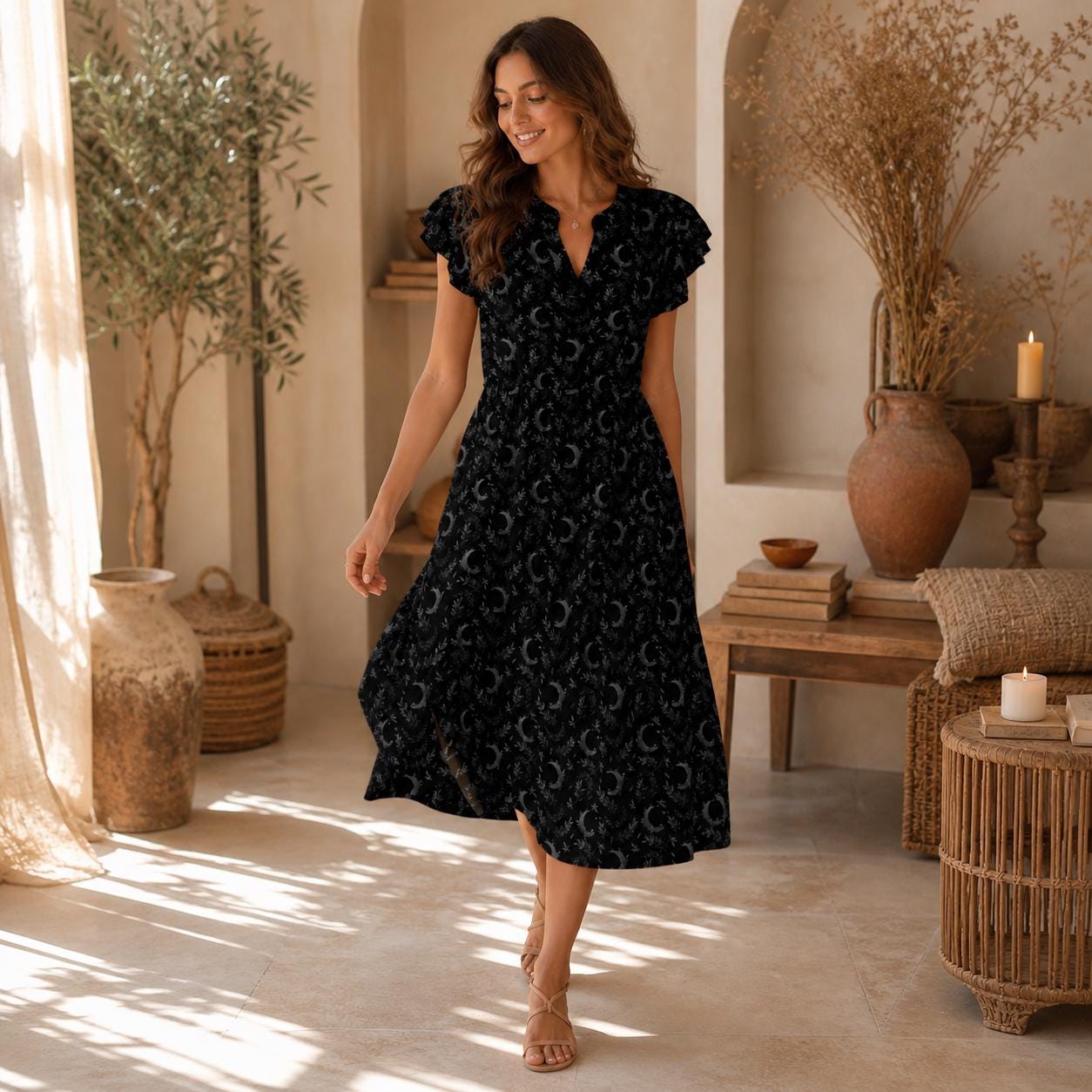 Black Crescent Moon Midi Dress, Witchy Occult Botanical Print, Dark Fairy Style