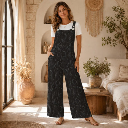 Dark Botanical Jumpsuit, Subtle Moon Print Wide Leg Overalls, Witchy Cottagecore Outfit