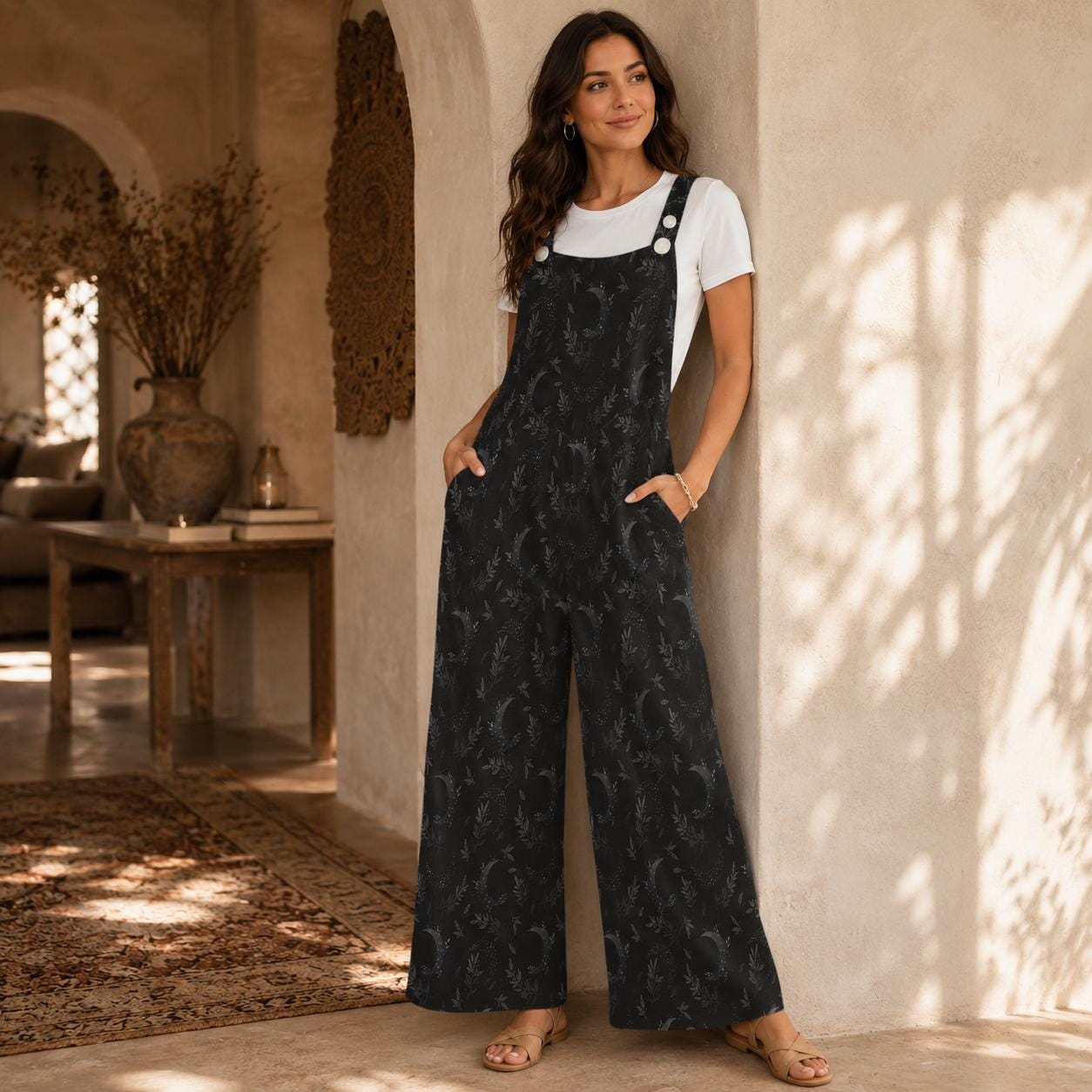 Dark Botanical Jumpsuit, Subtle Moon Print Wide Leg Overalls, Witchy Cottagecore Outfit