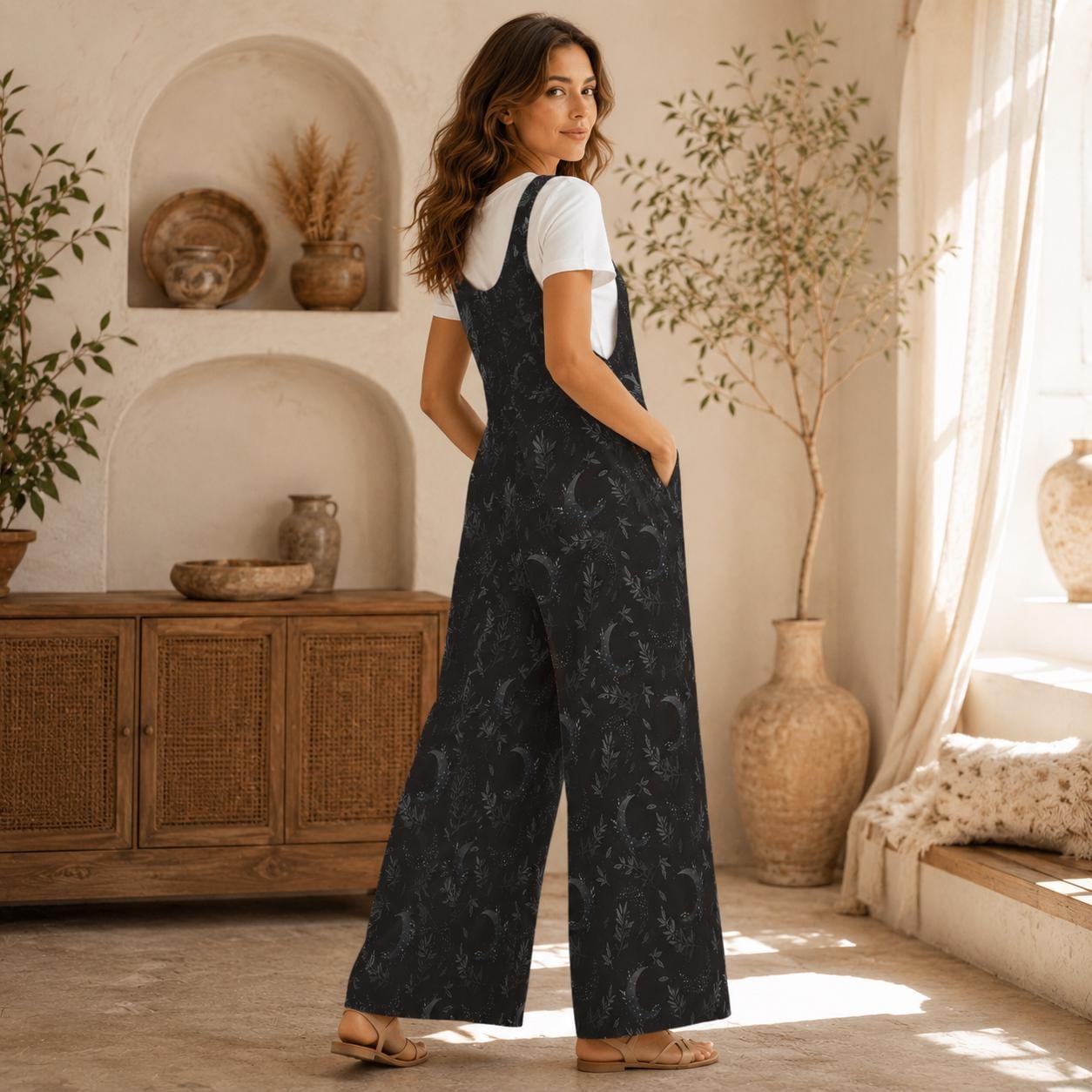 Dark Botanical Jumpsuit, Subtle Moon Print Wide Leg Overalls, Witchy Cottagecore Outfit