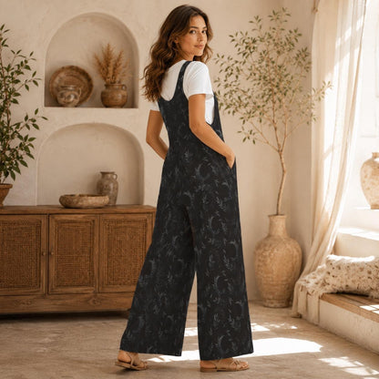 Dark Botanical Jumpsuit, Subtle Moon Print Wide Leg Overalls, Witchy Cottagecore Outfit
