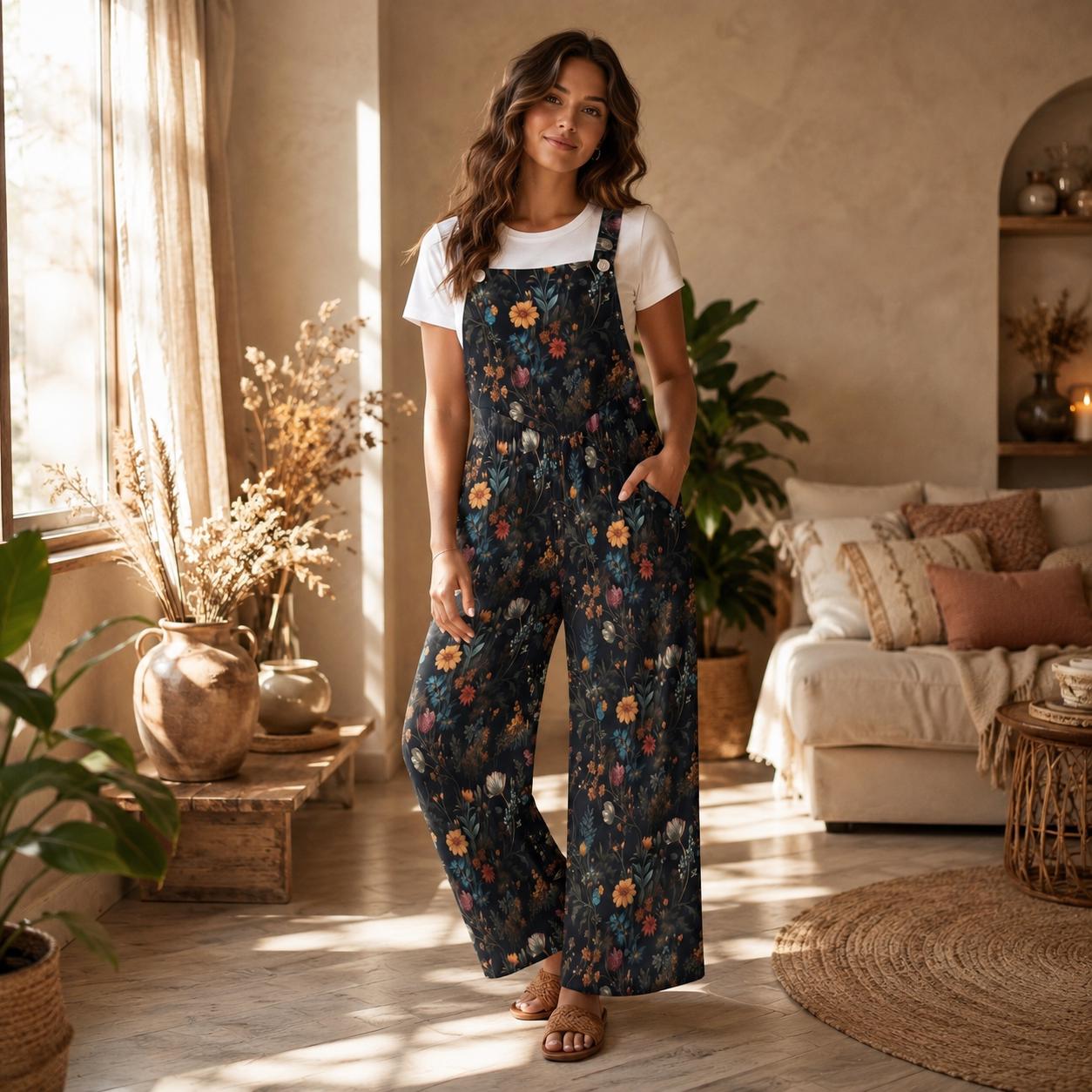 Dark Floral Wide Leg Jumpsuit, Cottagecore Garden Overalls with Pockets