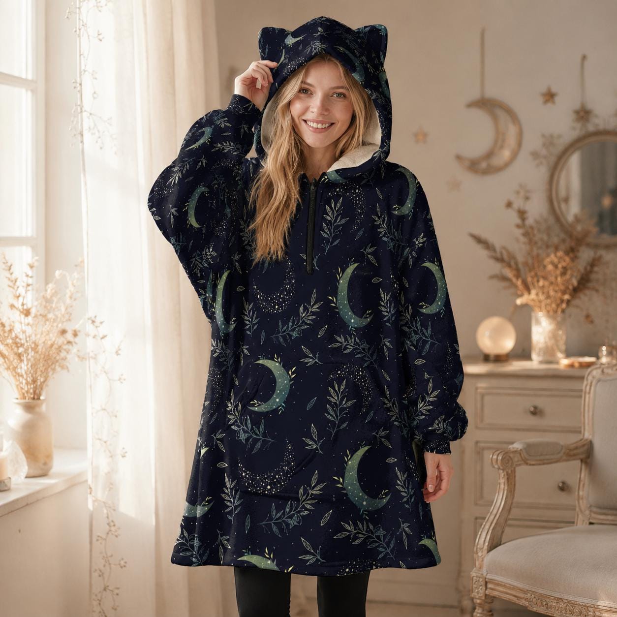 Celestial Moon Hoodie Blanket, Cat Ear Hood, Oversized Witchy Loungewear