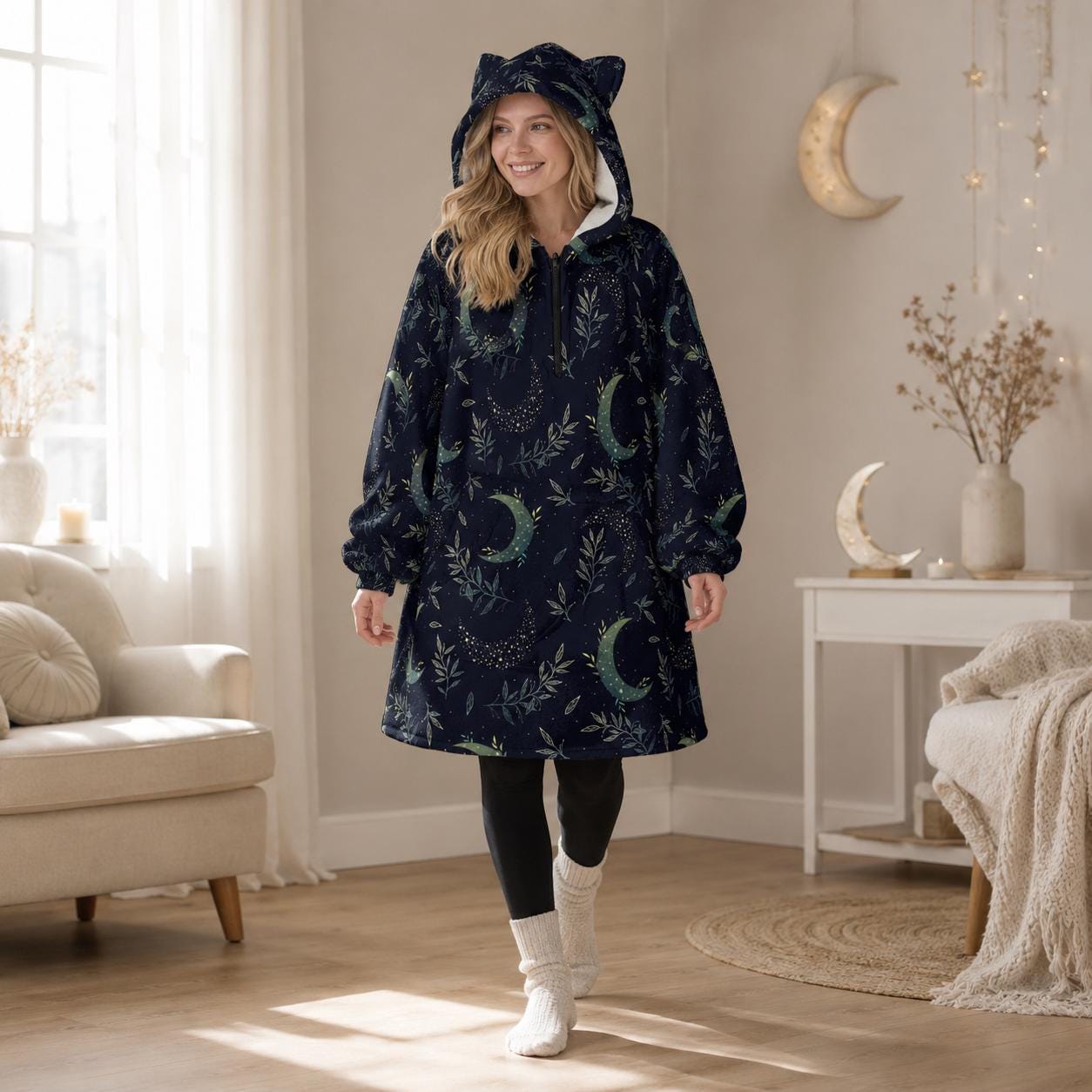 Celestial Moon Hoodie Blanket, Cat Ear Hood, Oversized Witchy Loungewear