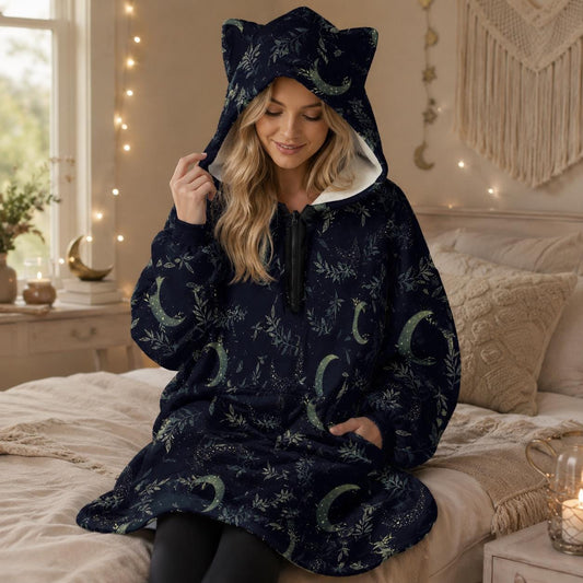 Celestial Moon Hoodie Blanket, Cat Ear Hood, Oversized Witchy Loungewear