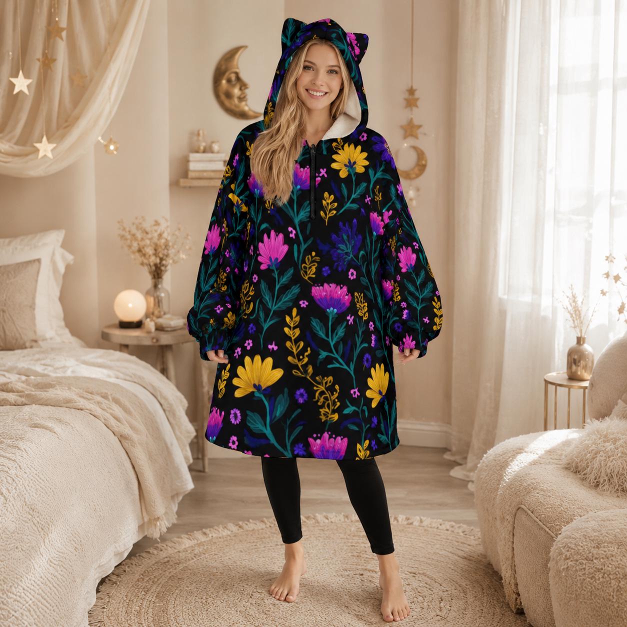 Wearable Blanket Hoodie, Dark Floral Oversized Sherpa Hooded Lounger for Women