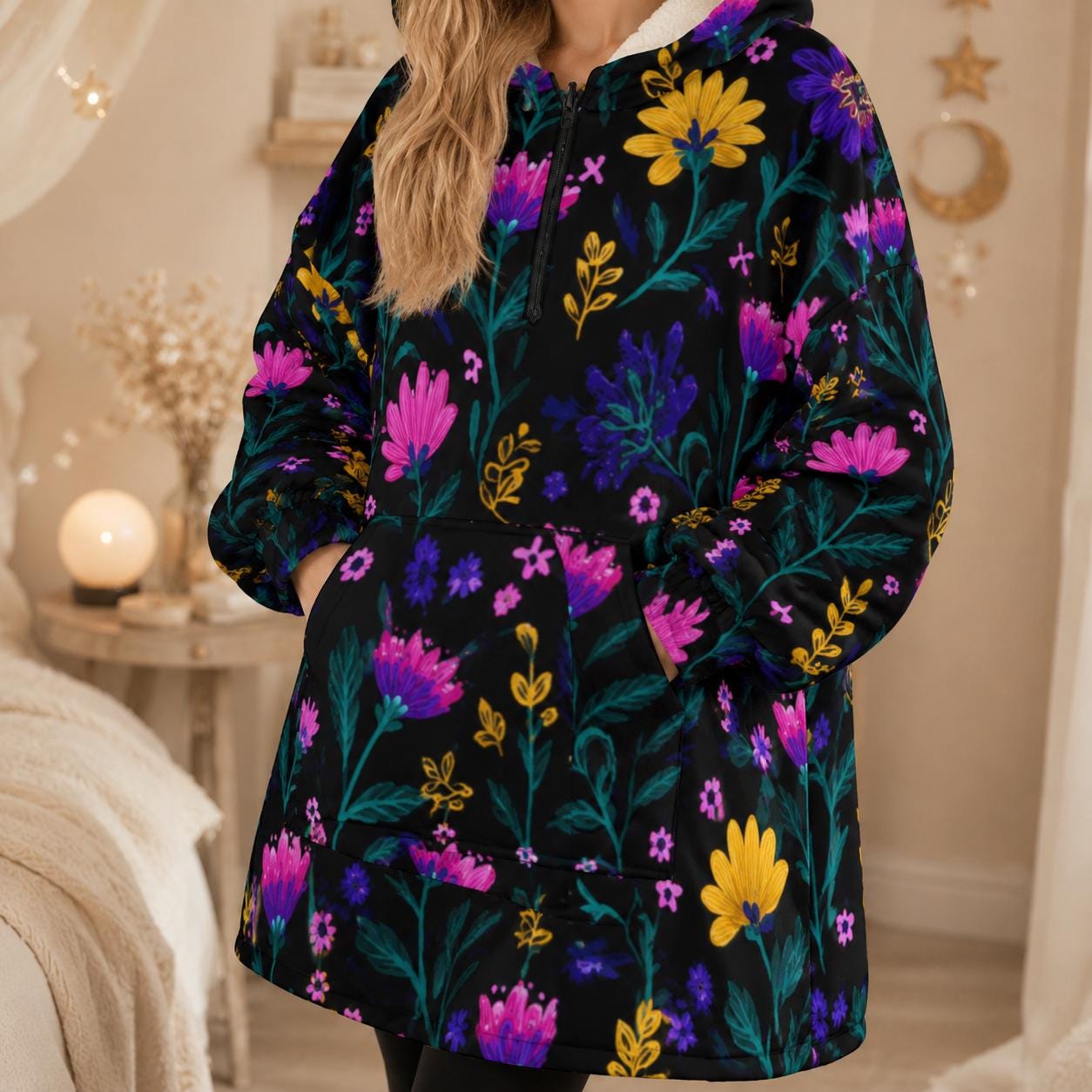 Wearable Blanket Hoodie, Dark Floral Oversized Sherpa Hooded Lounger for Women
