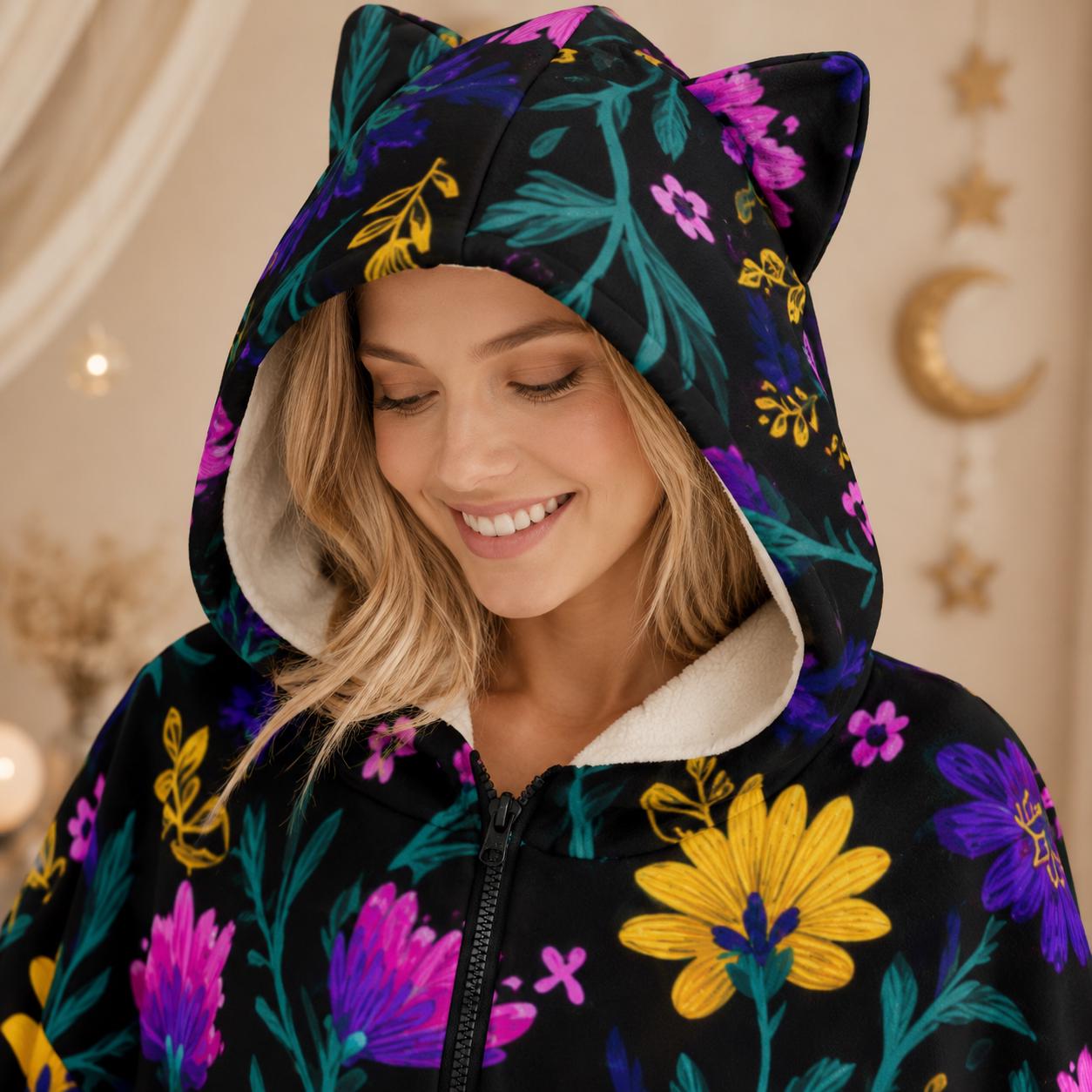 Wearable Blanket Hoodie, Dark Floral Oversized Sherpa Hooded Lounger for Women