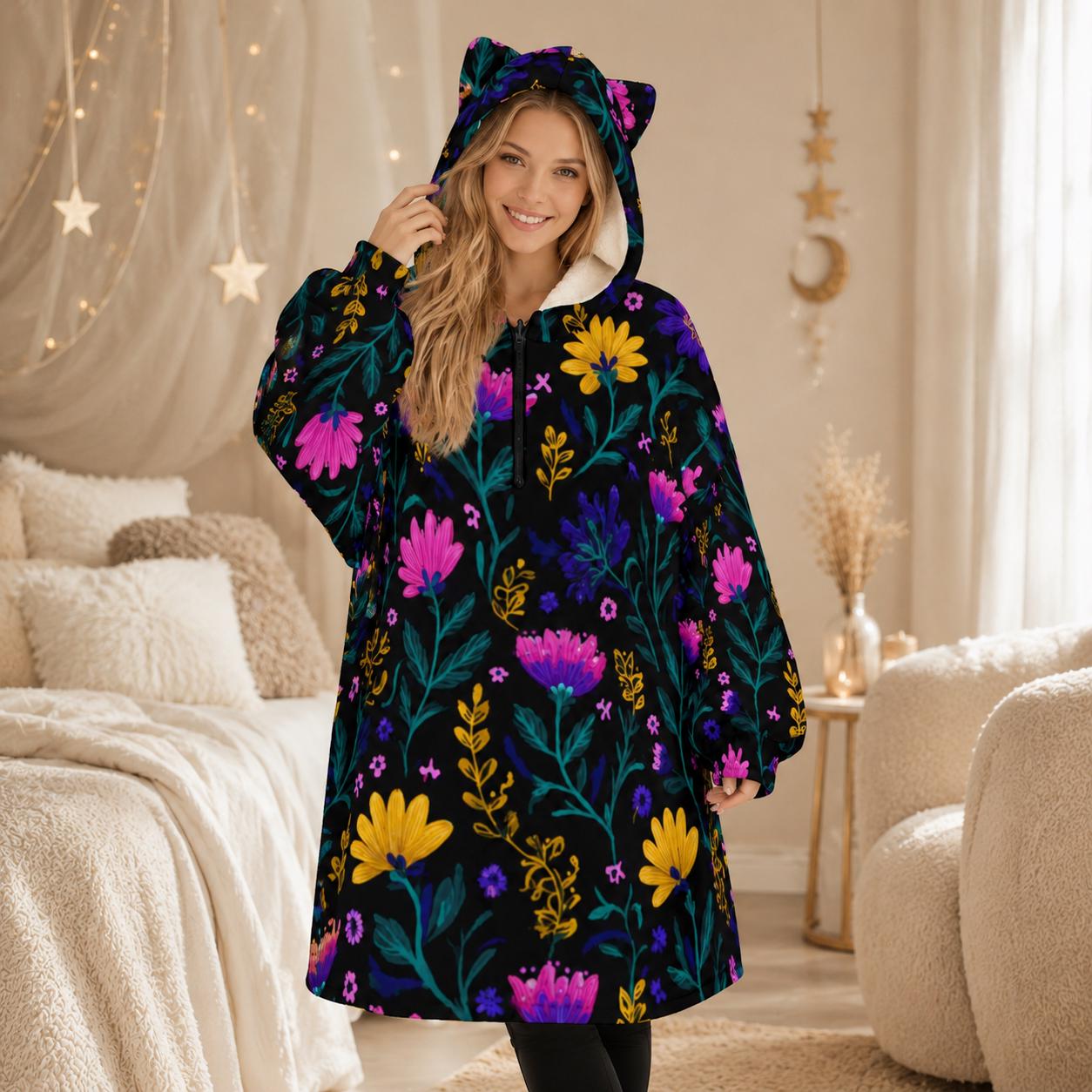 Wearable Blanket Hoodie, Dark Floral Oversized Sherpa Hooded Lounger for Women