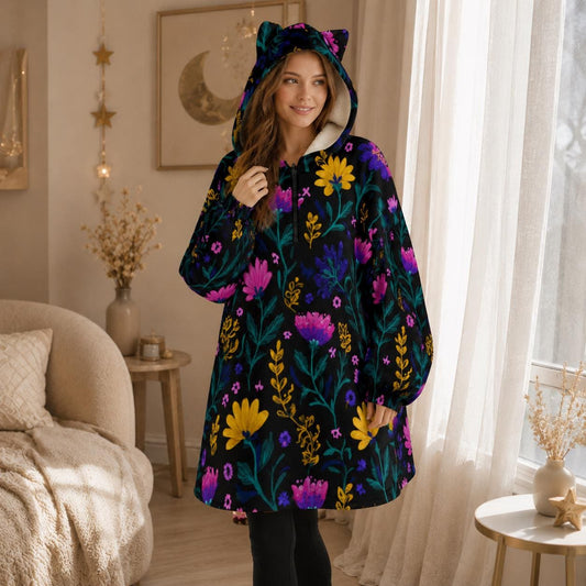 Wearable Blanket Hoodie, Dark Floral Oversized Sherpa Hooded Lounger for Women