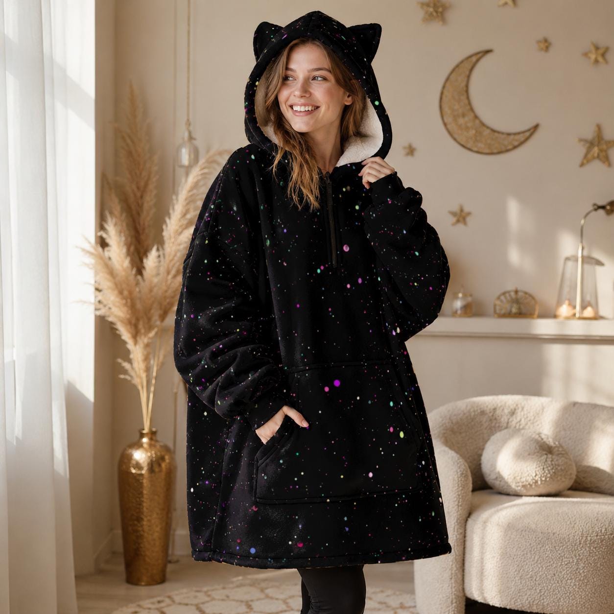 Celestial Star Speckle Fleece Hoodie Blanket, Cat Ear Hood